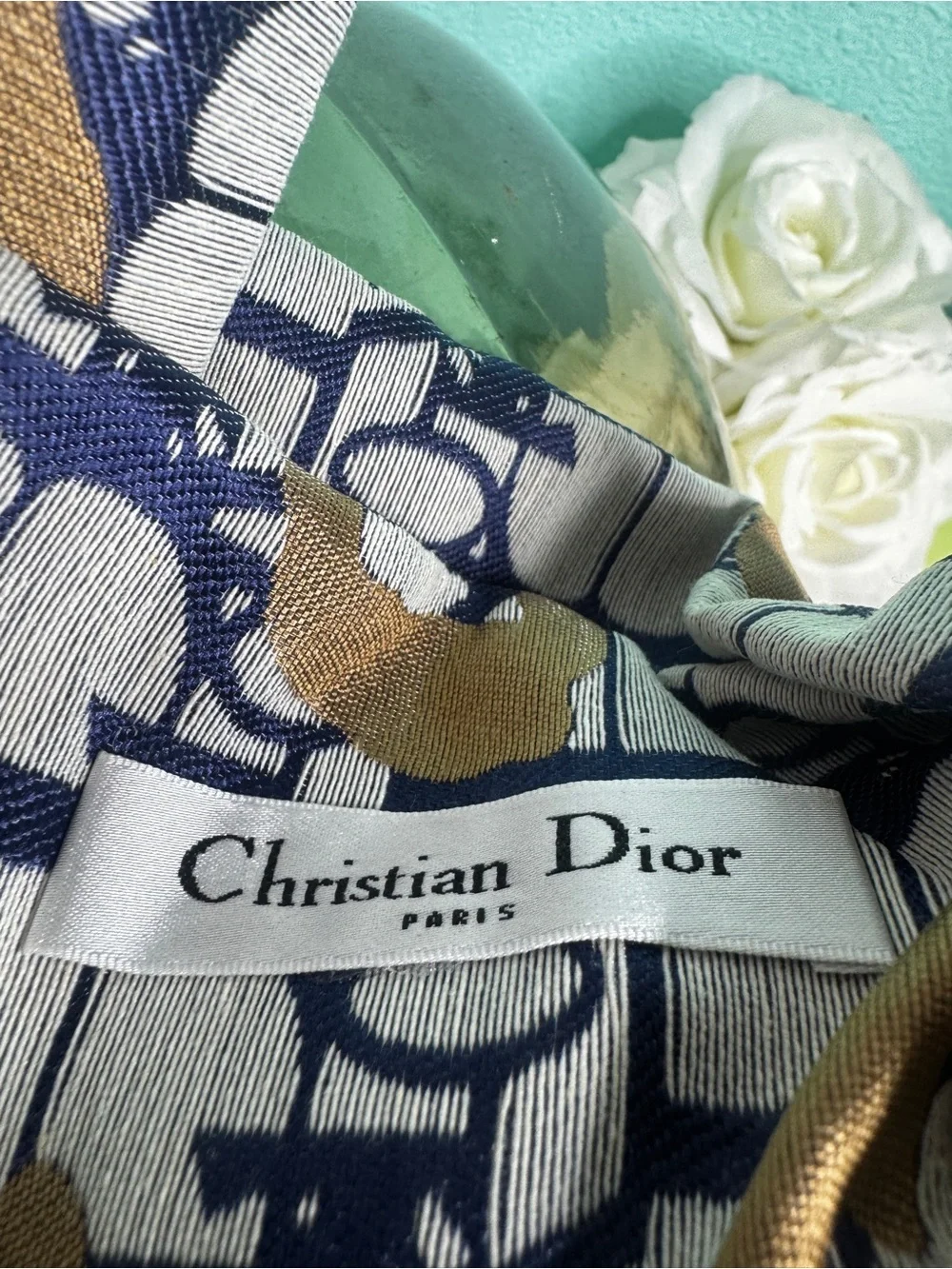 Dior Navy, White & Gold Silk Logo-Print Scarf